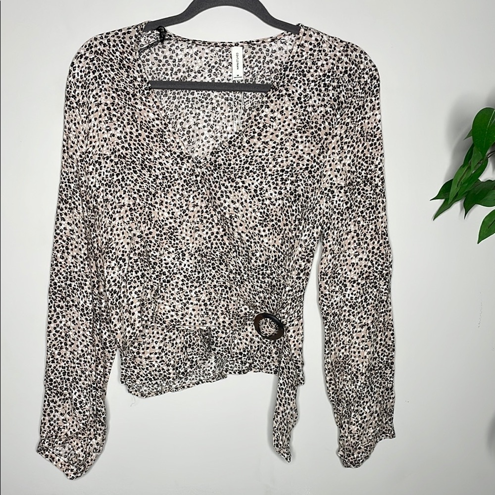 Gentle Fawn Black and White Asymmetrical Wrap Front Blouse